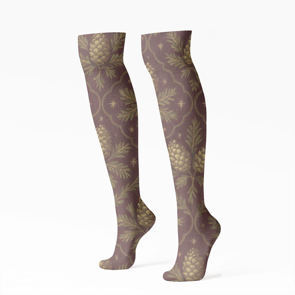 Pinecone Mosaic On Burgundy Background comfortable cotton knee-high socks
