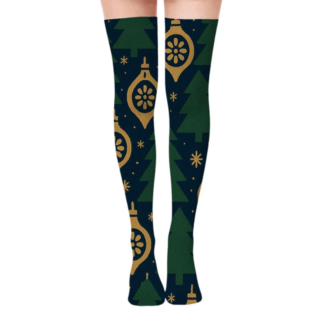 Evergreen Ornament Tessellation On Navy Blue unique graphic over-the-knee socks