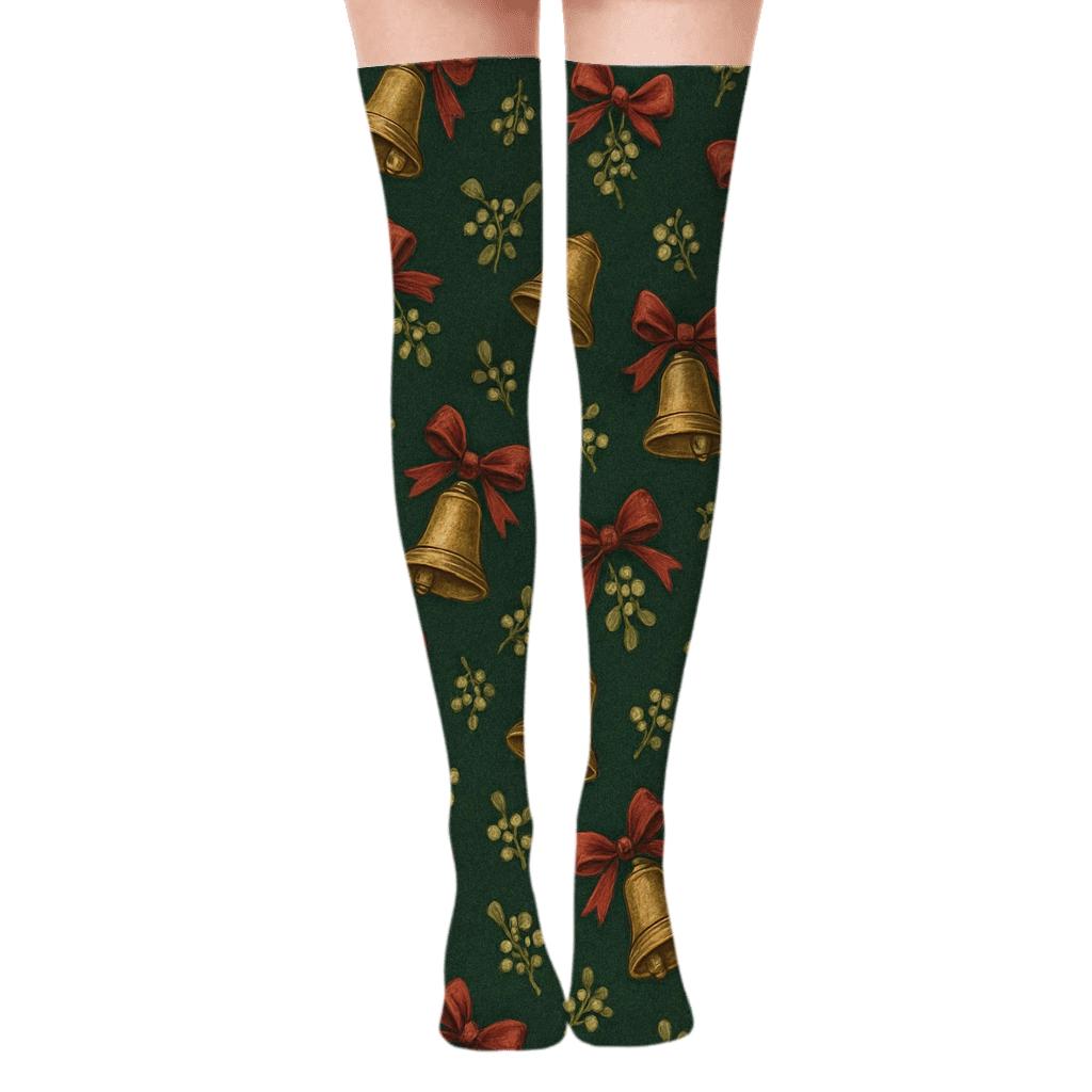 Golden Bell Scatter On Dark Green trendy patterned over-the-knee socks