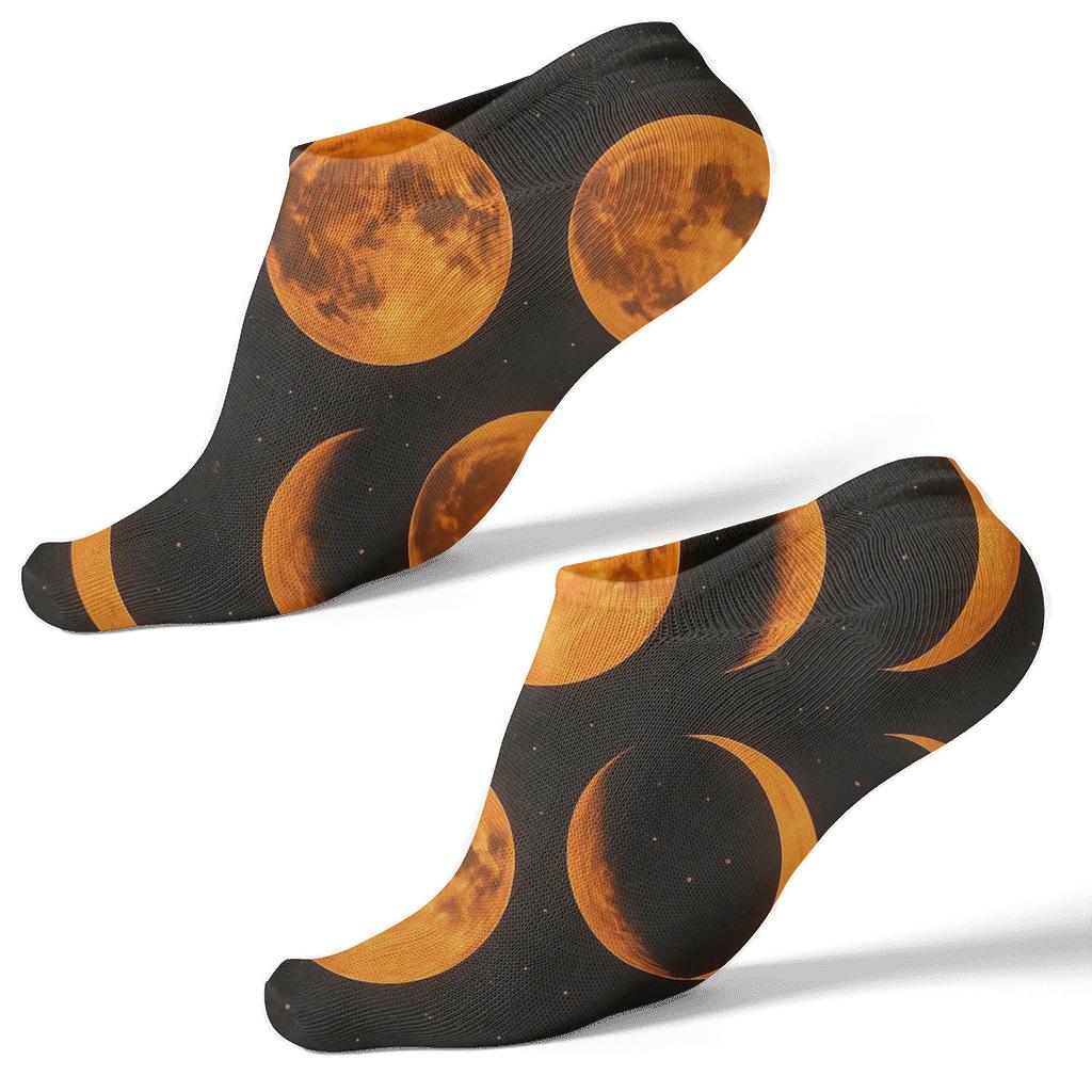 Orange Moon Phase Progression On Black Background trendy patterned ankle socks