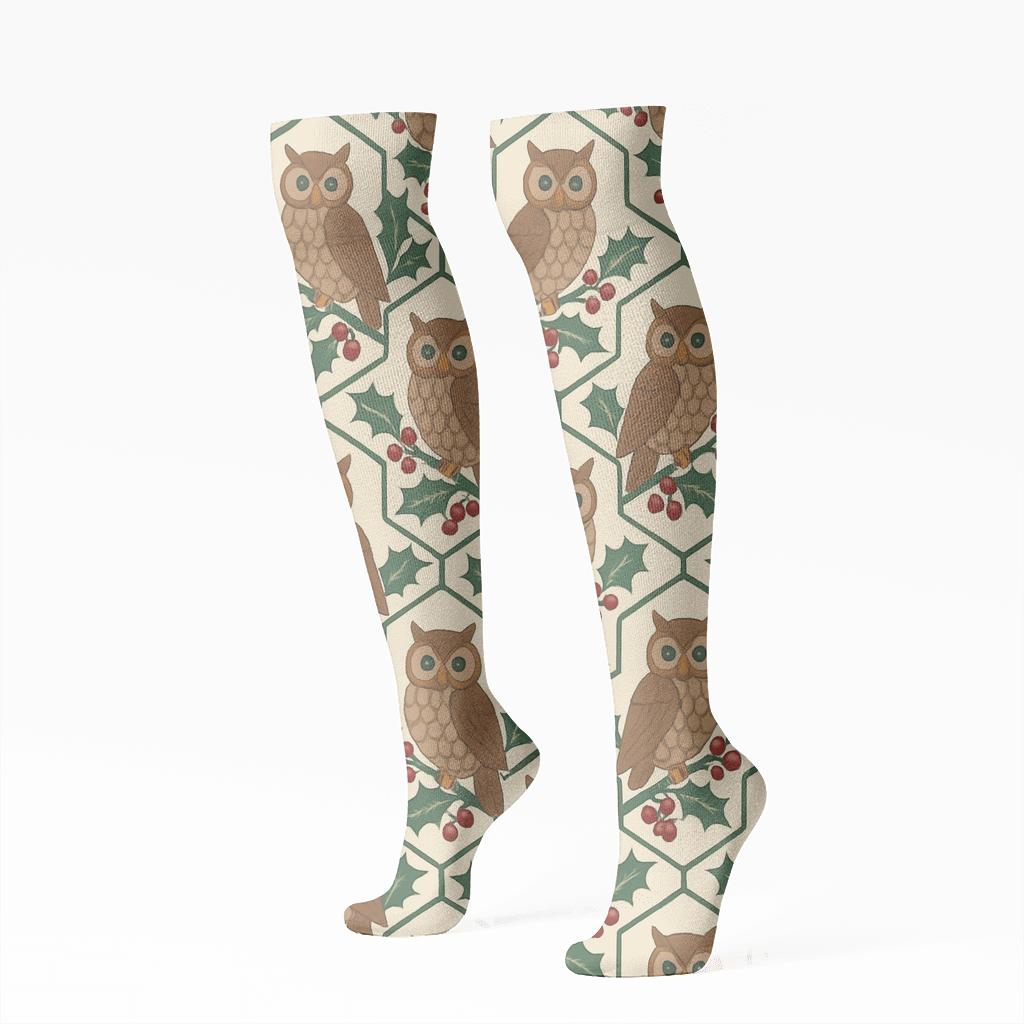 Holly Owl Lattice Socks designer print knee-high socks