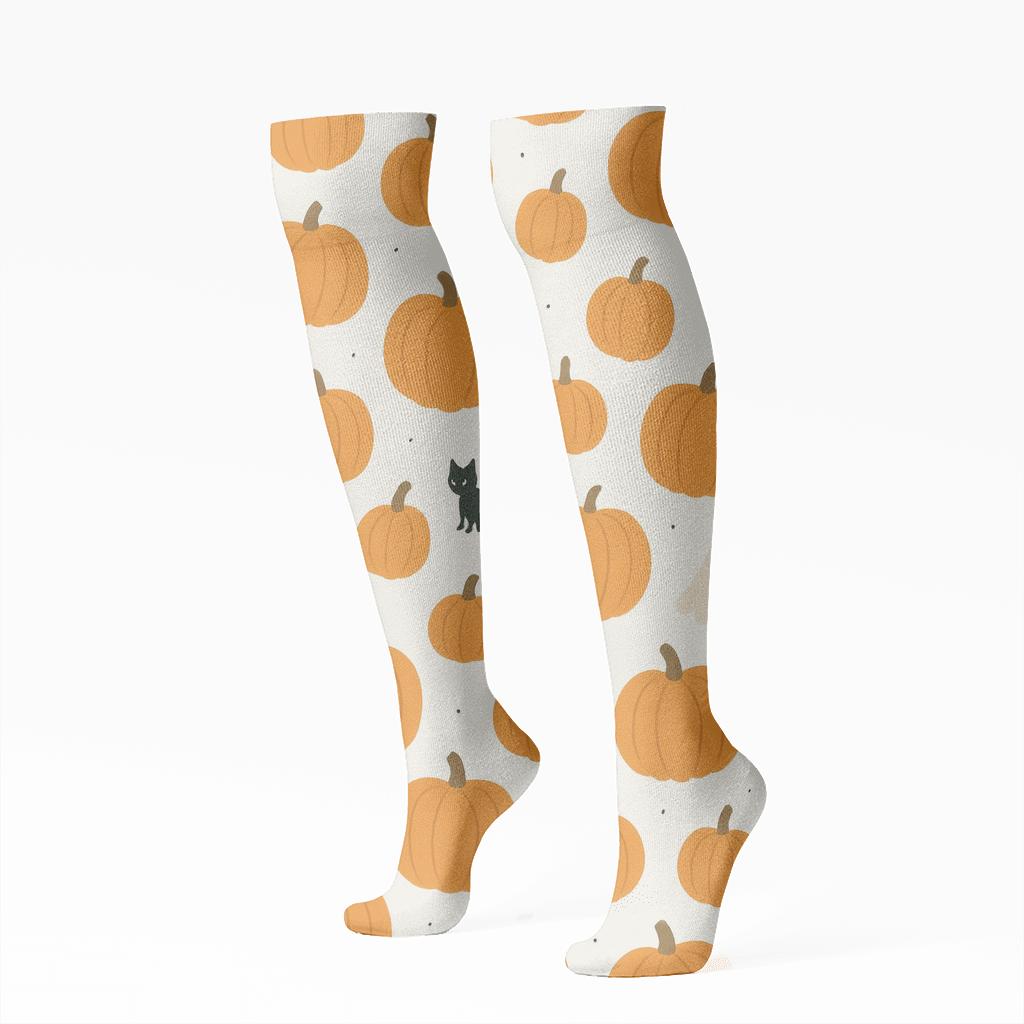 Scattered Pumpkin Field On White Background designer print knee-high socks