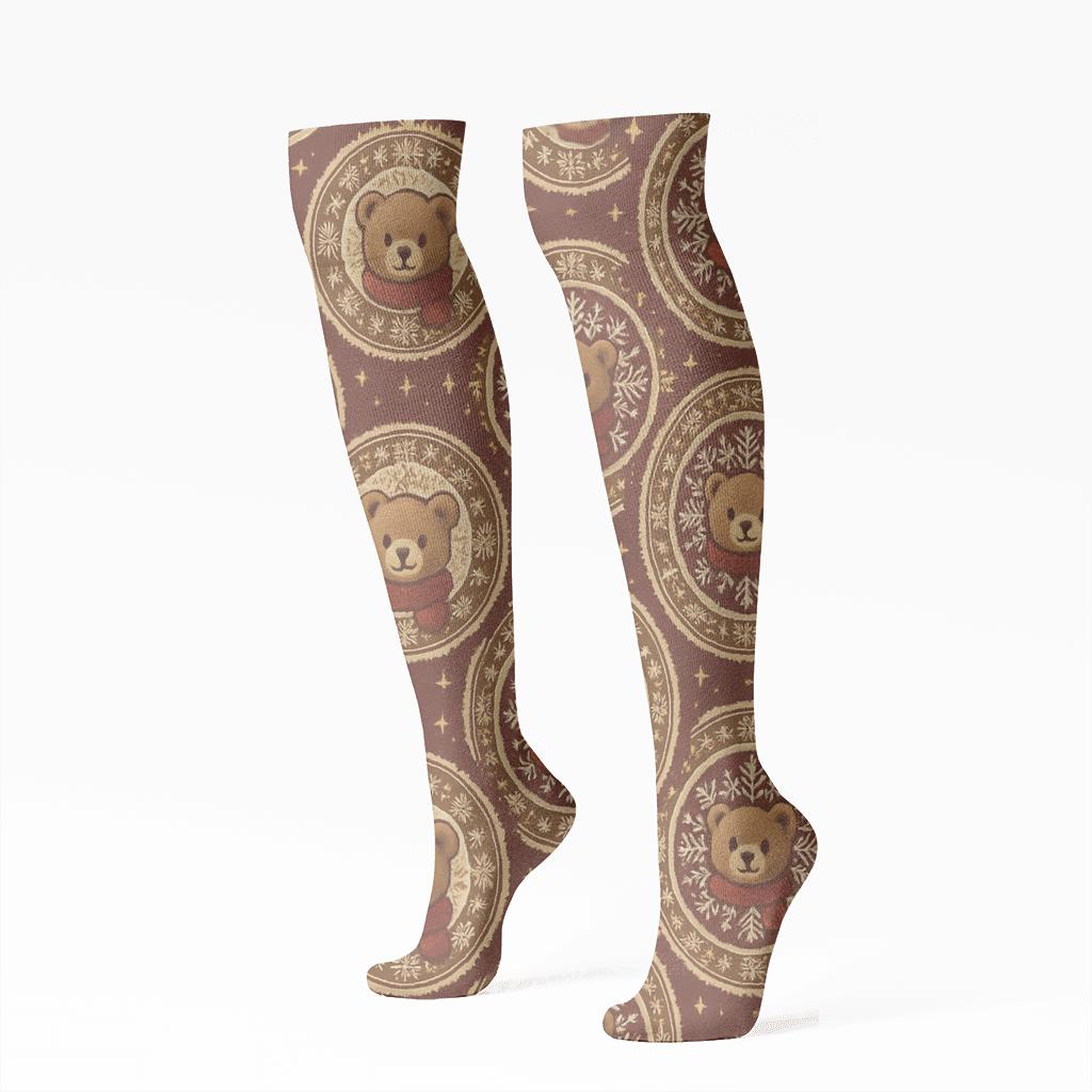 Teddy Bear Snowflake Medallion Socks unique graphic knee-high socks