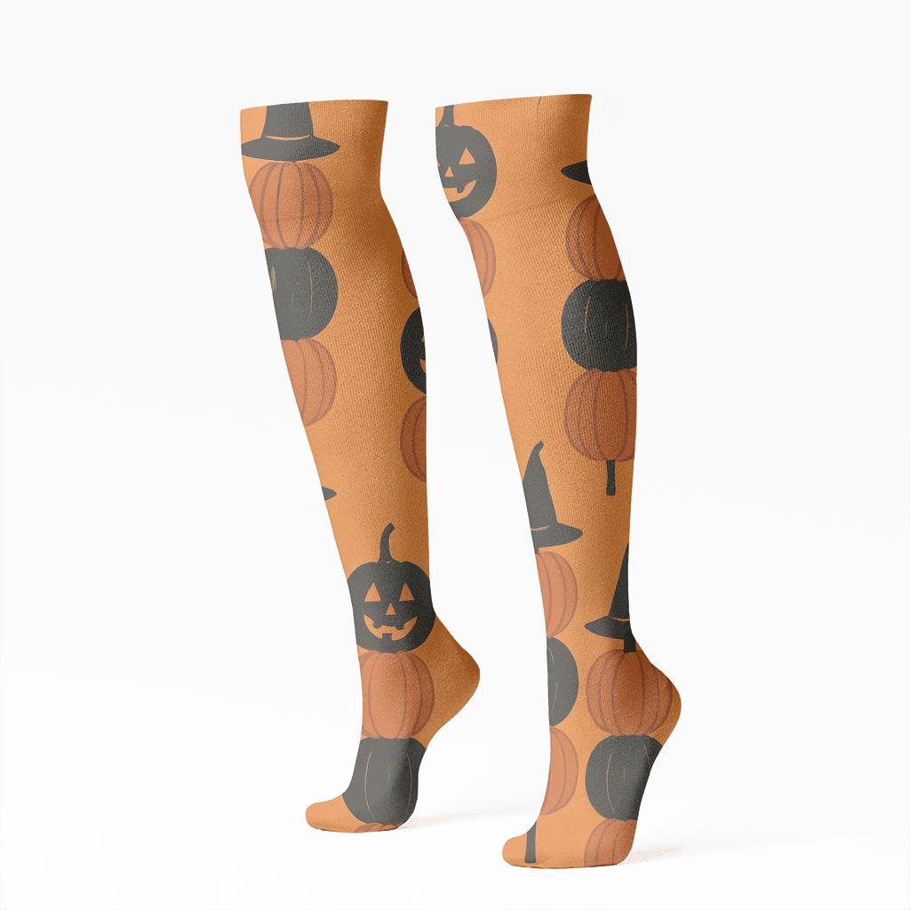Pumpkin Stack Vertical Repeat On Orange Background designer print knee-high socks