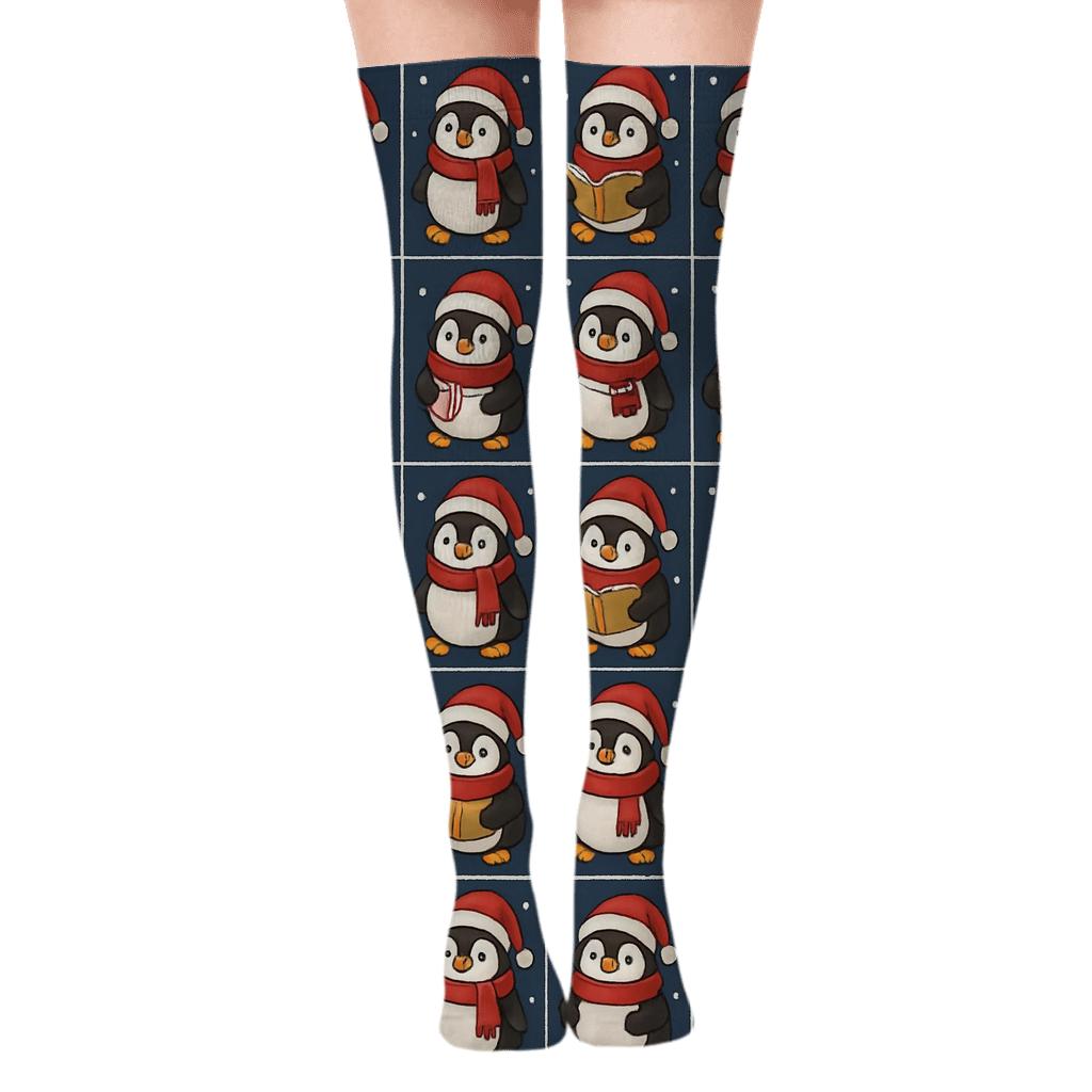 Penguin Carolers Grid Socks unique graphic over-the-knee socks