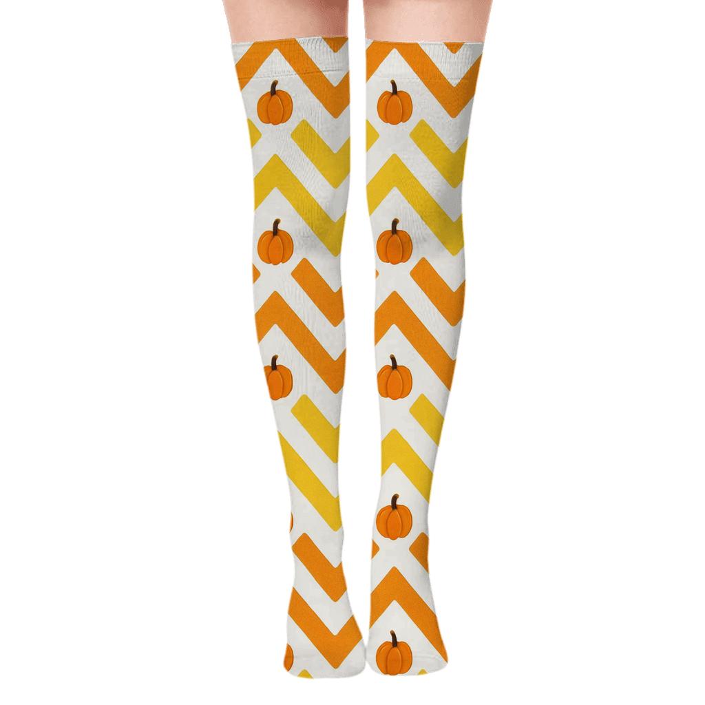 Candy Corn Chevron With Pumpkin Accents On White Background soft everyday over-the-knee socks