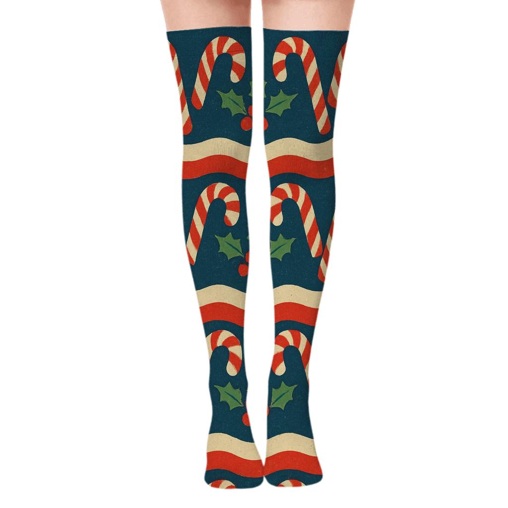 Candy Cane Wave Christmas Pattern premium cozy over-the-knee socks