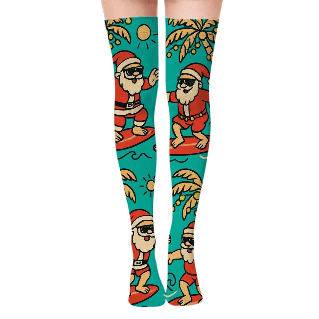 Santa Surfing Holiday Beach Scene soft everyday over-the-knee socks