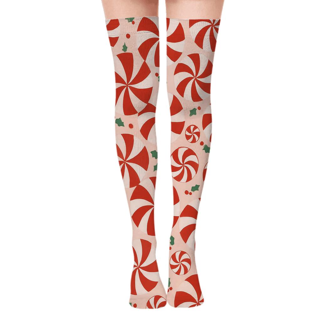 Peppermint Spiral Holiday Rotation Xmas stylish fashion over-the-knee socks