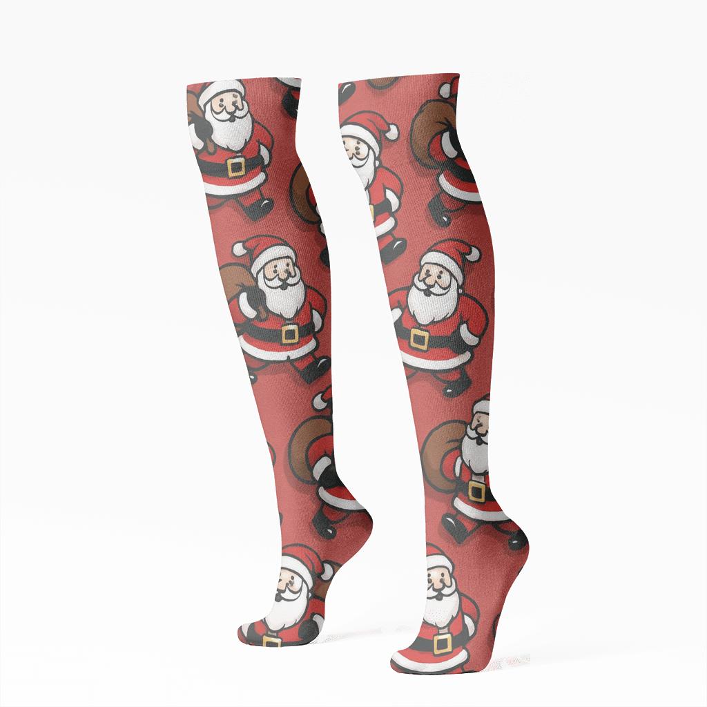 Cozy Santa With Sack Repeat Pattern comfortable cotton knee-high socks