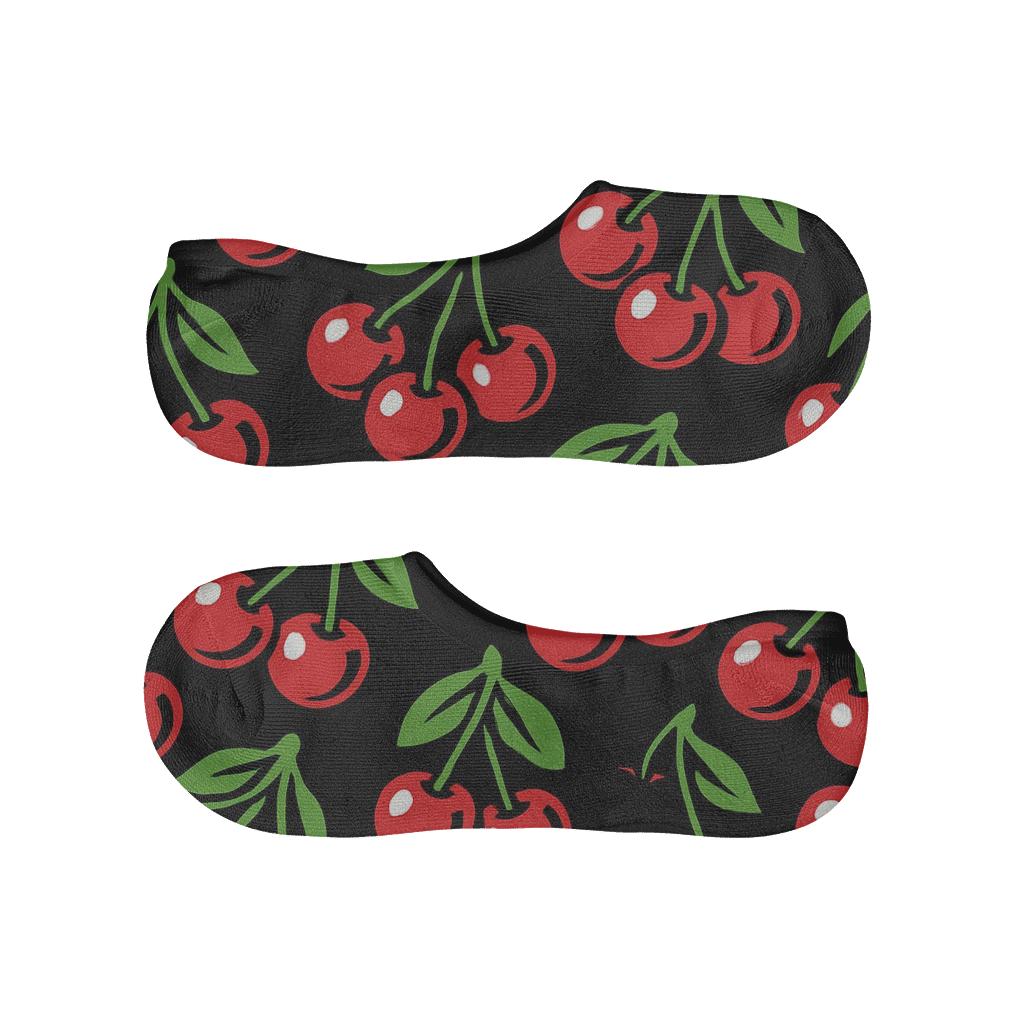 Bold Cartoon Cherry Cluster Array On Black personalized no-show socks