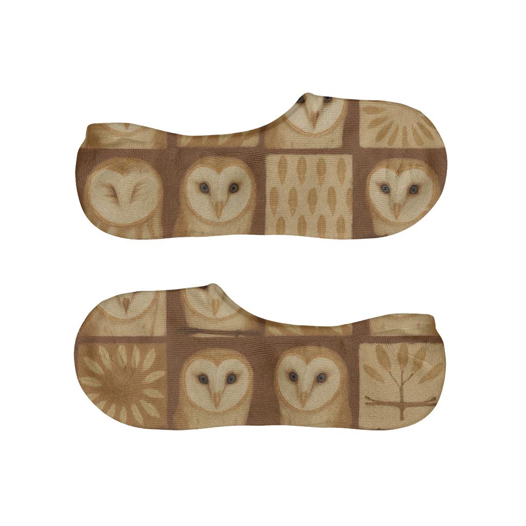 Barn Owl Rustic Feather Grid On Warm Brown Background custom no-show socks