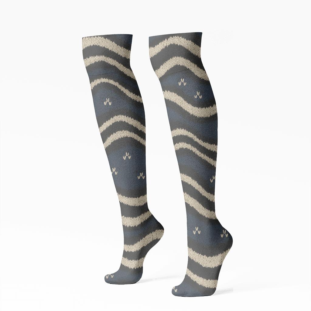 Textured Knitted Stripe Wave On Navy trendy patterned knee-high socks