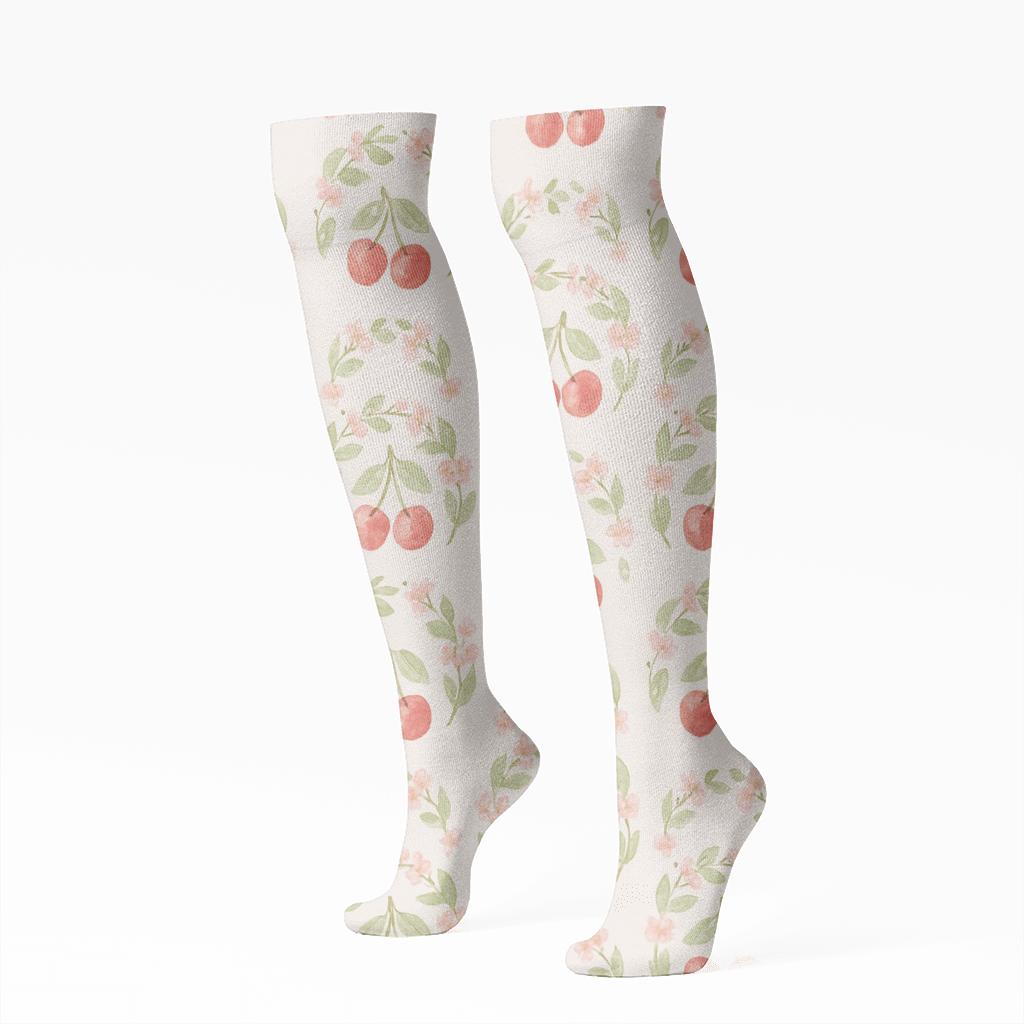 Watercolor Cherry Wreath Repeat premium sports knee-high socks