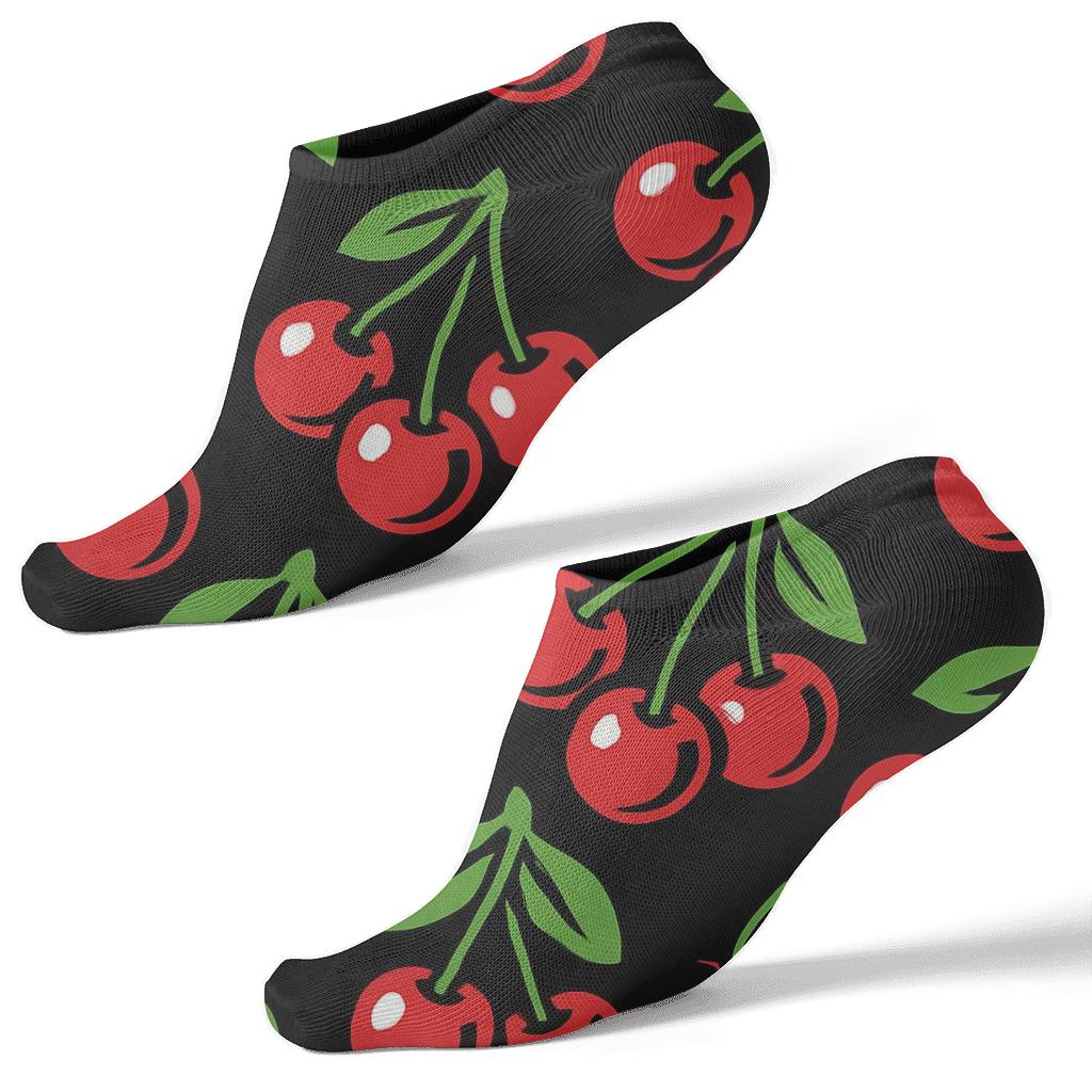 Bold Cartoon Cherry Cluster Array On Black premium sports ankle socks