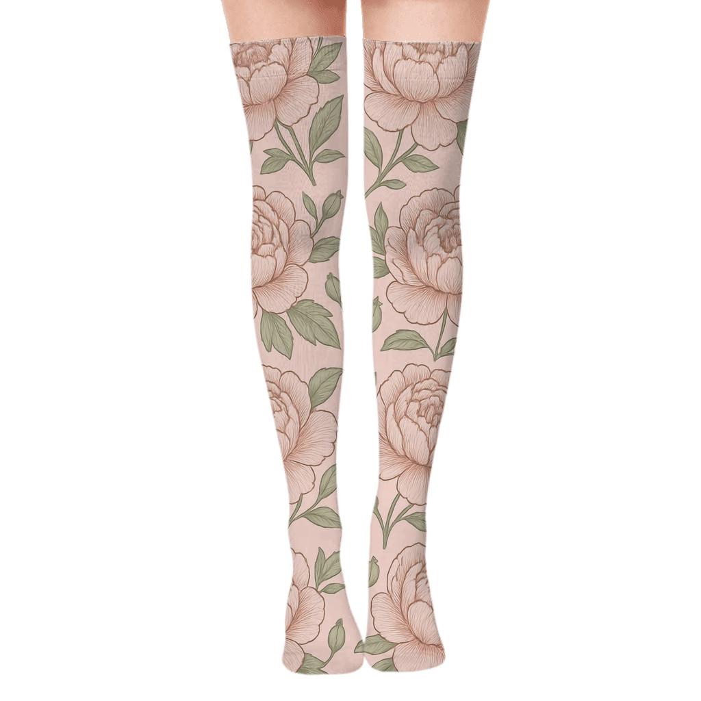 Pastel Peony Grid On Soft Pink Background stylish fashion over-the-knee socks