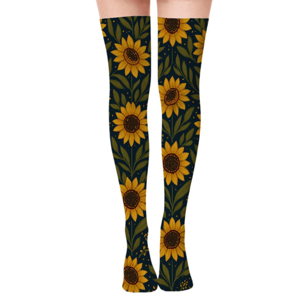 Sunflower Chevron On Navy Blue Background designer print over-the-knee socks
