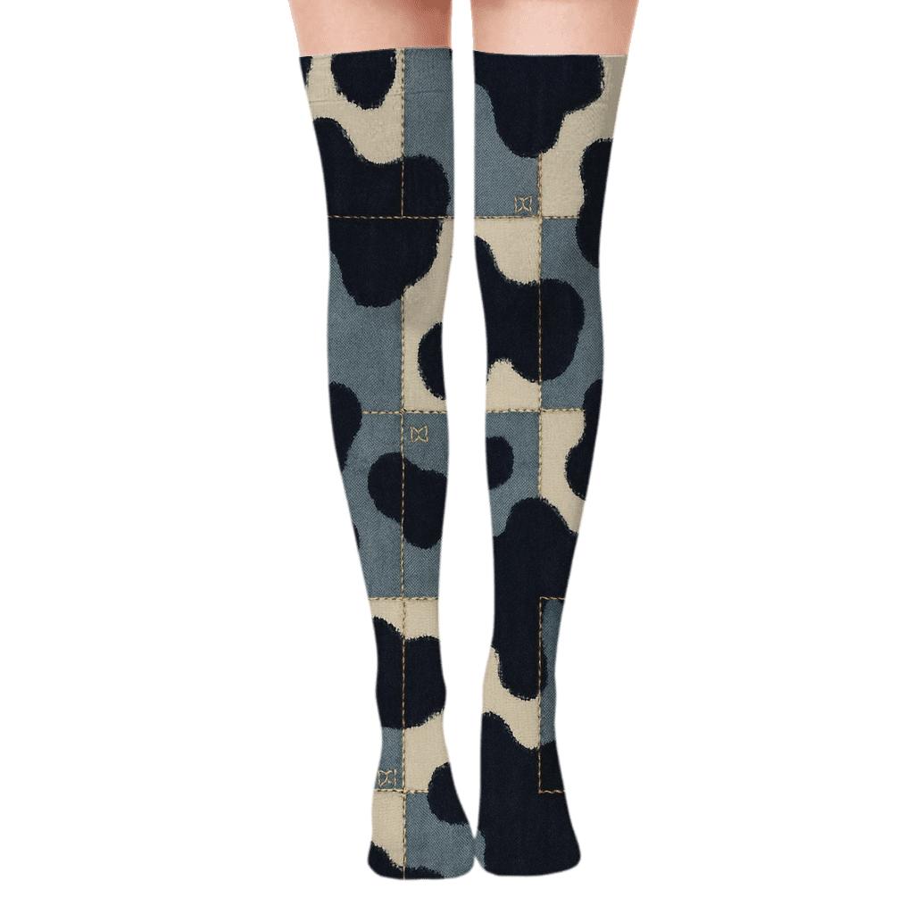 Denim Patch Spotwork unique graphic over-the-knee socks