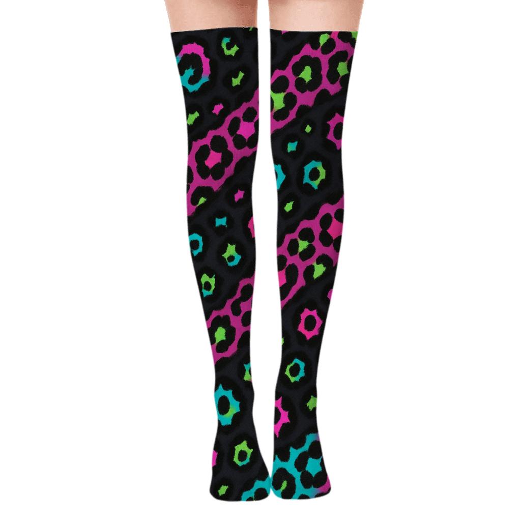 Neon Spot Wave On Charcoal Ground unique graphic over-the-knee socks