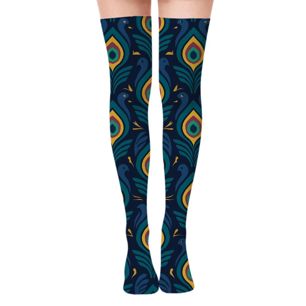 Peacock Plume Lattice comfortable cotton over-the-knee socks