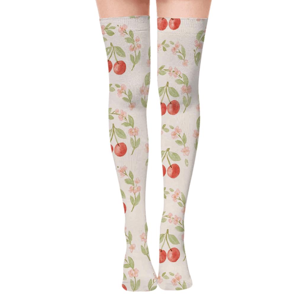 Watercolor Cherry Wreath Repeat unique graphic over-the-knee socks
