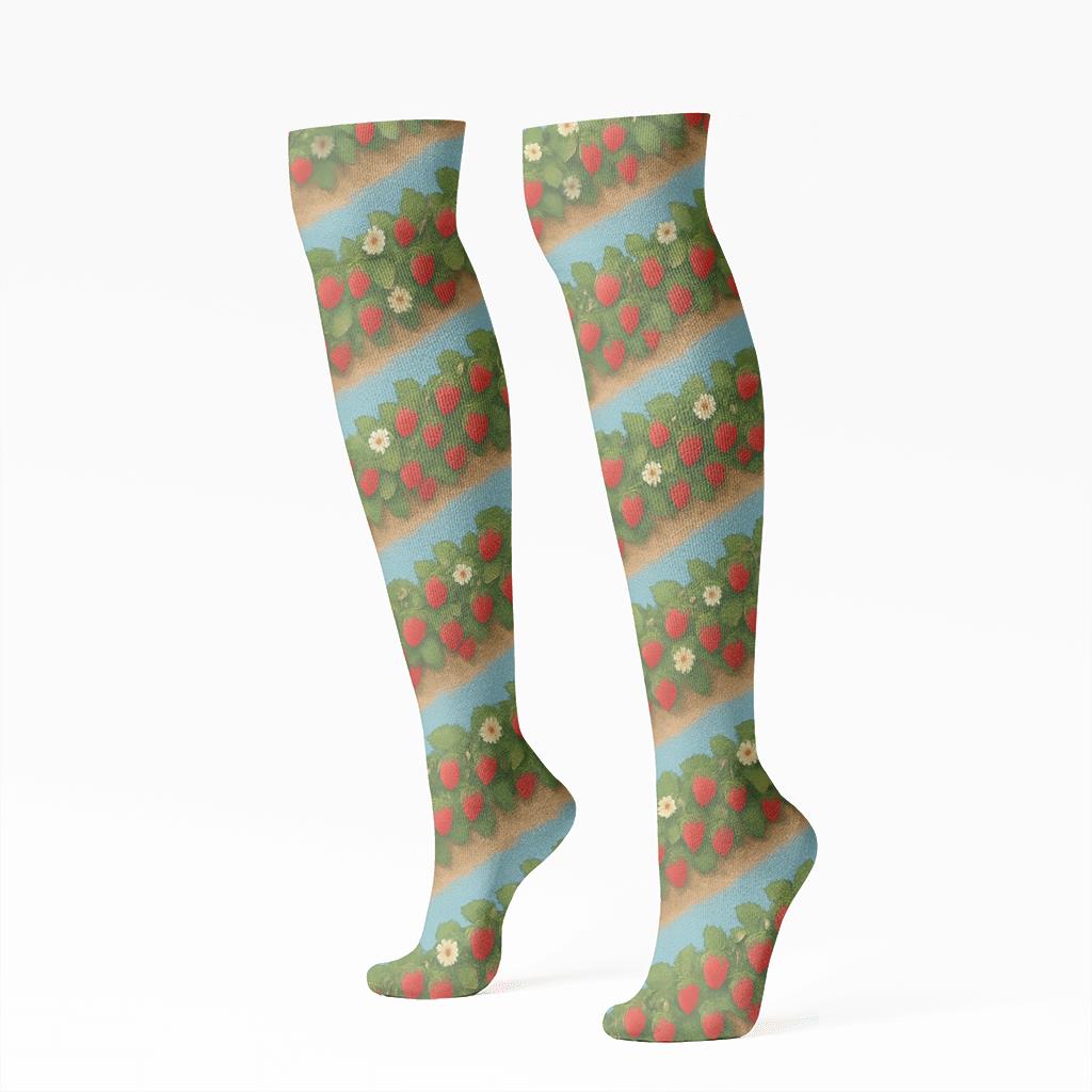 Strawberry Field Roll On Sky Blue Background premium sports knee-high socks