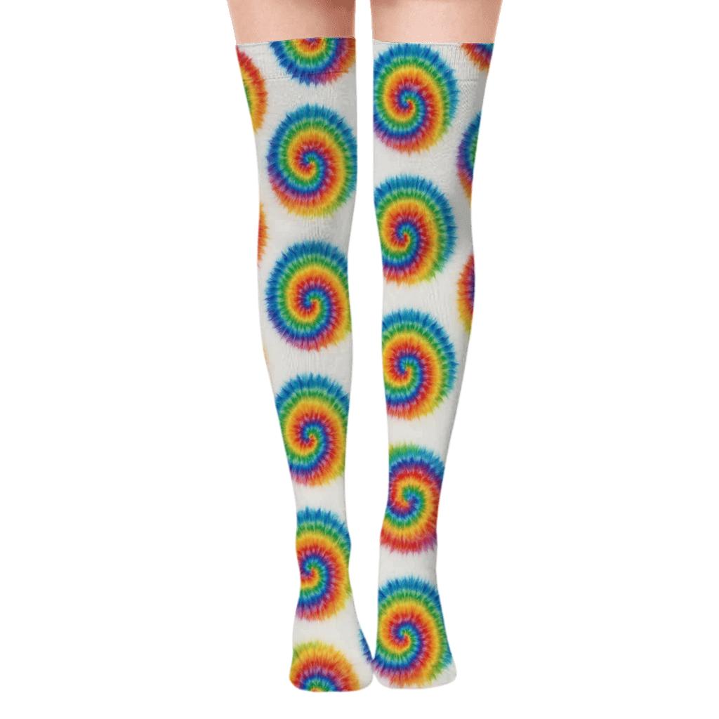 Rainbow Spiral Whorl Grid trendy patterned over-the-knee socks