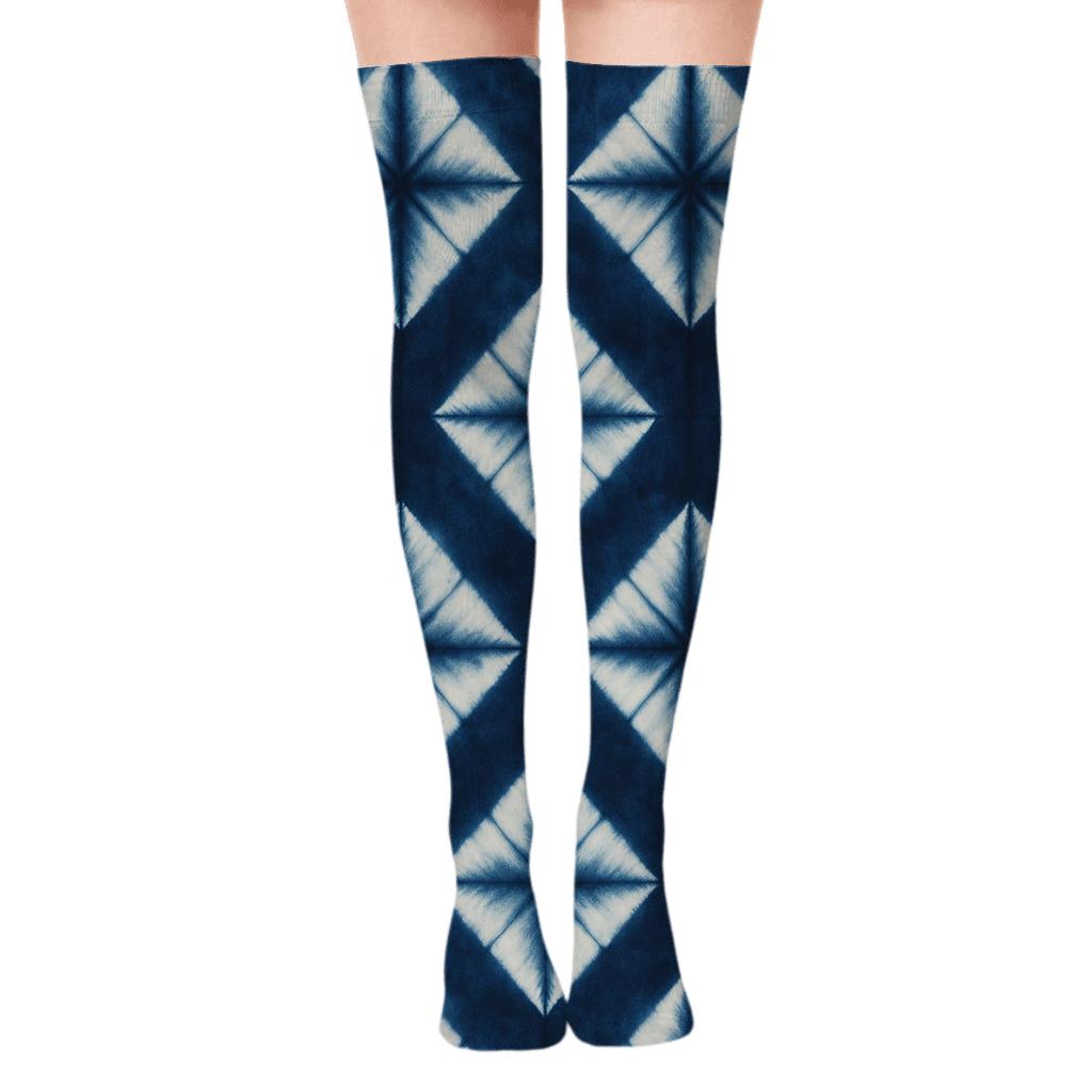 Indigo Shibori Diamond Array unique graphic over-the-knee socks