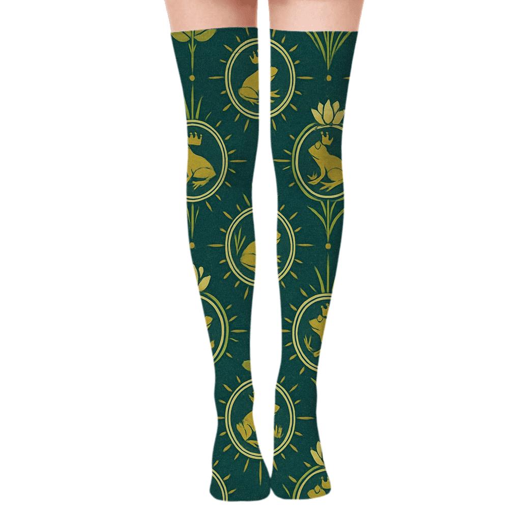 Frog Crown Medallion On Deep Teal stylish fashion over-the-knee socks