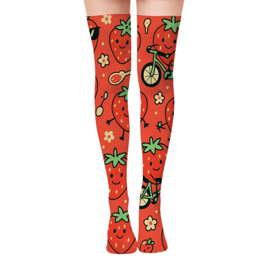 Playful Strawberry Character Scatter On Coral Field unique graphic over-the-knee socks