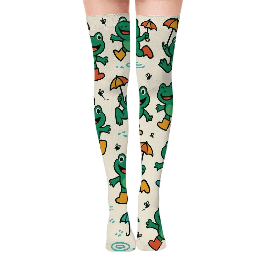 Playful Frog Boots Parade On Ivory personalized over-the-knee socks