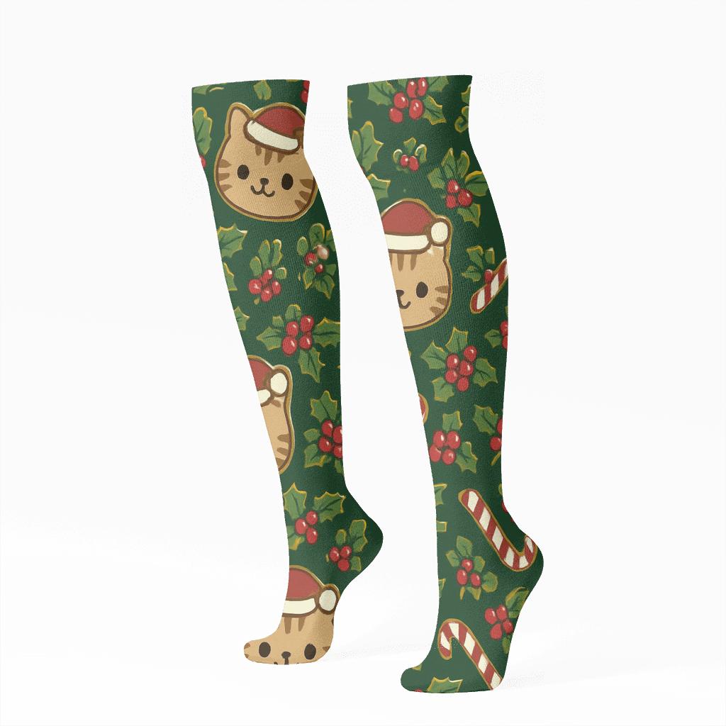 Holiday Holly Cat Grid designer print knee-high socks