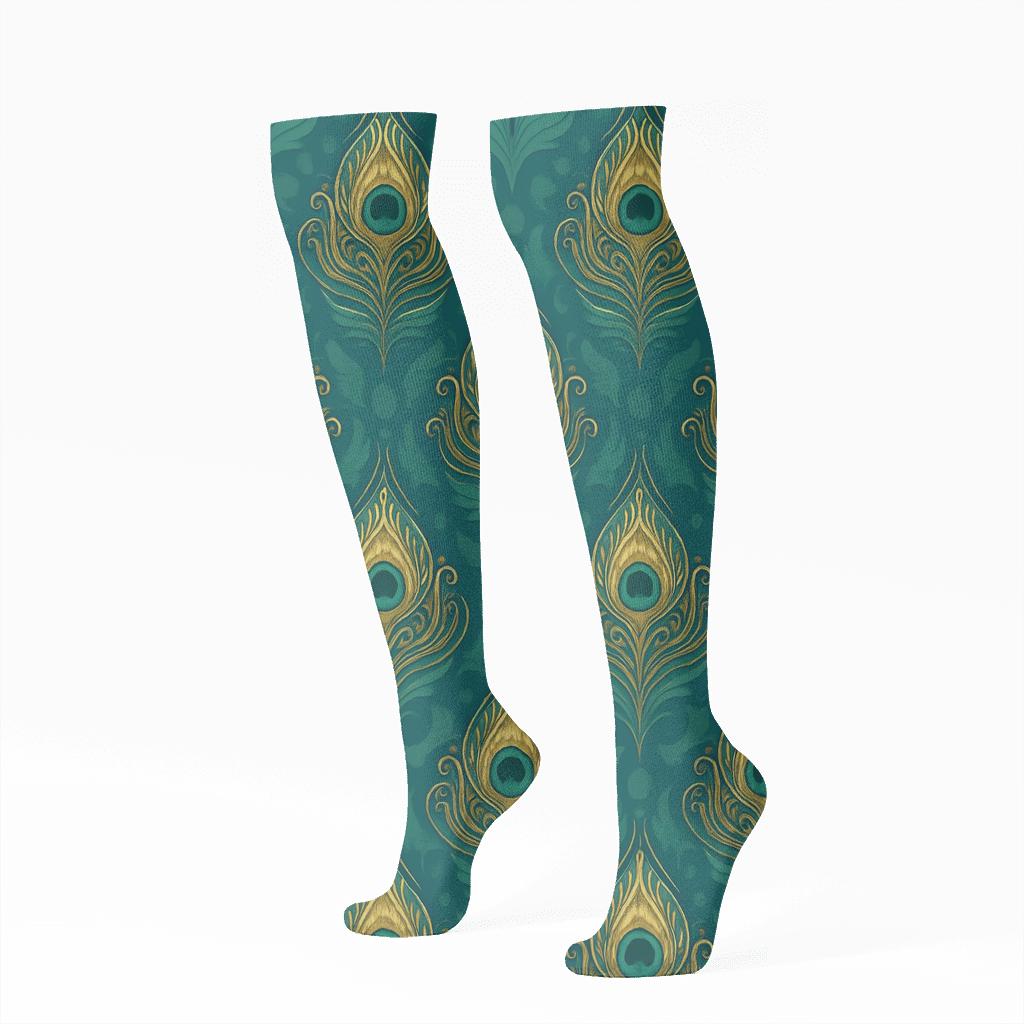 Peacock Feather Tessellation On Teal Background soft everyday knee-high socks