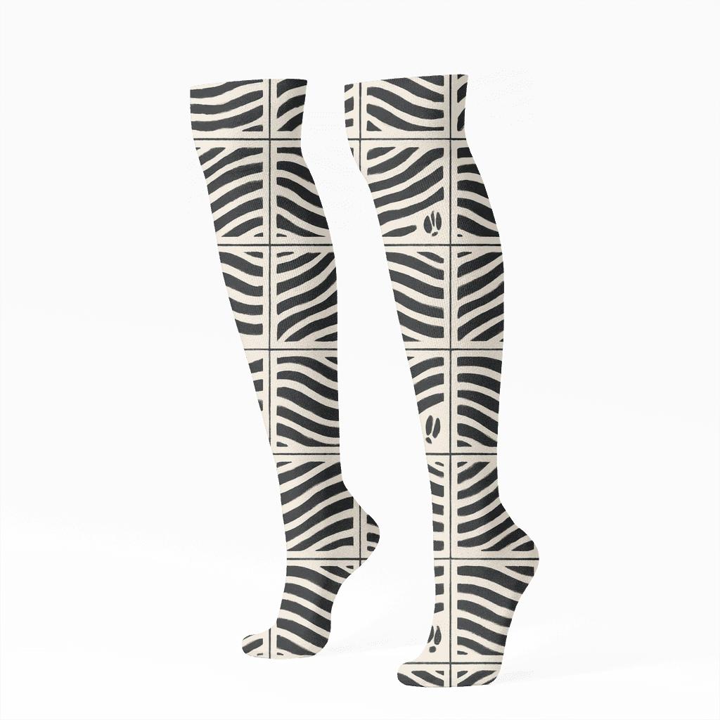 Zebra Stripe Grid On White Field comfortable cotton knee-high socks