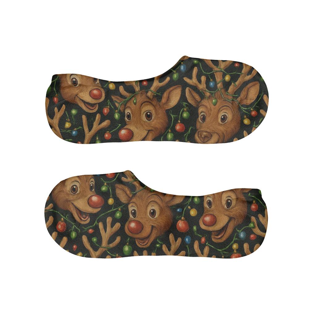 Reindeer Tangle Lights Xmas designer printed no-show socks