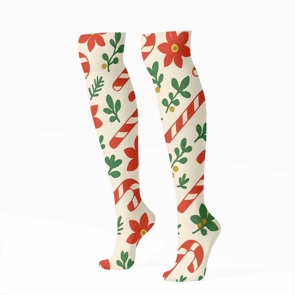 Candy Cane Chevron With Evergreen Scatter On Ivory comfortable cotton knee-high socks