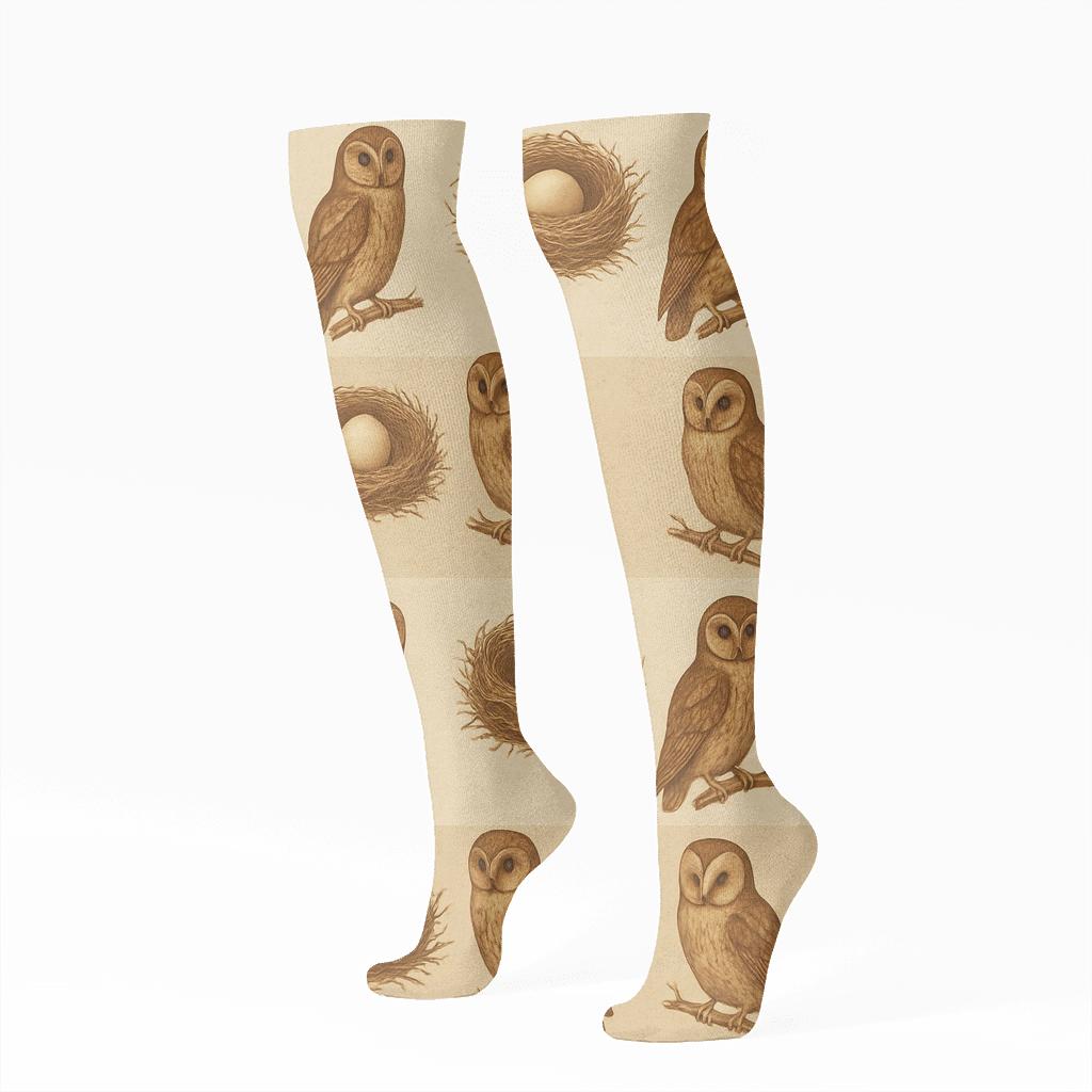 Vintage Owl Field Guide Band On Beige Background designer print knee-high socks