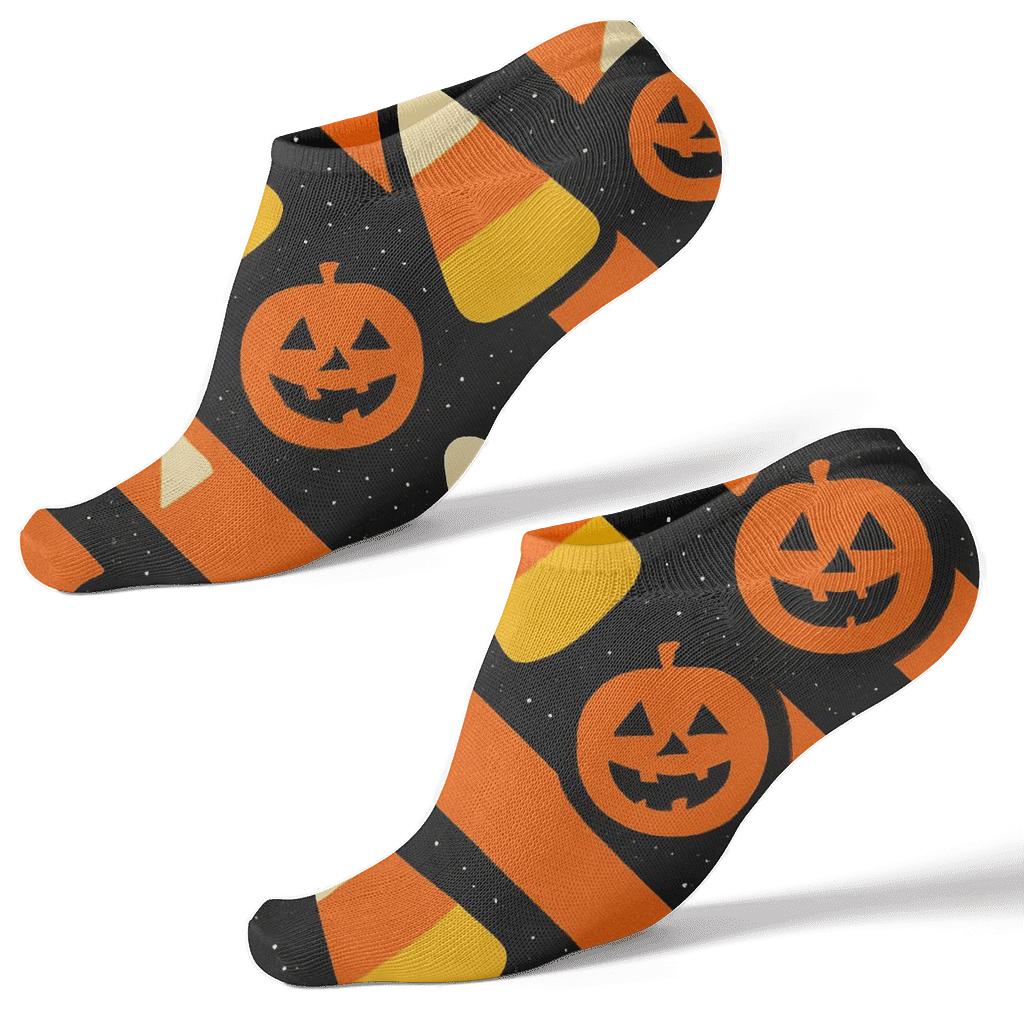 Candy Corn Chevron With Jack O Lantern Accents On Black Background unique graphic ankle socks