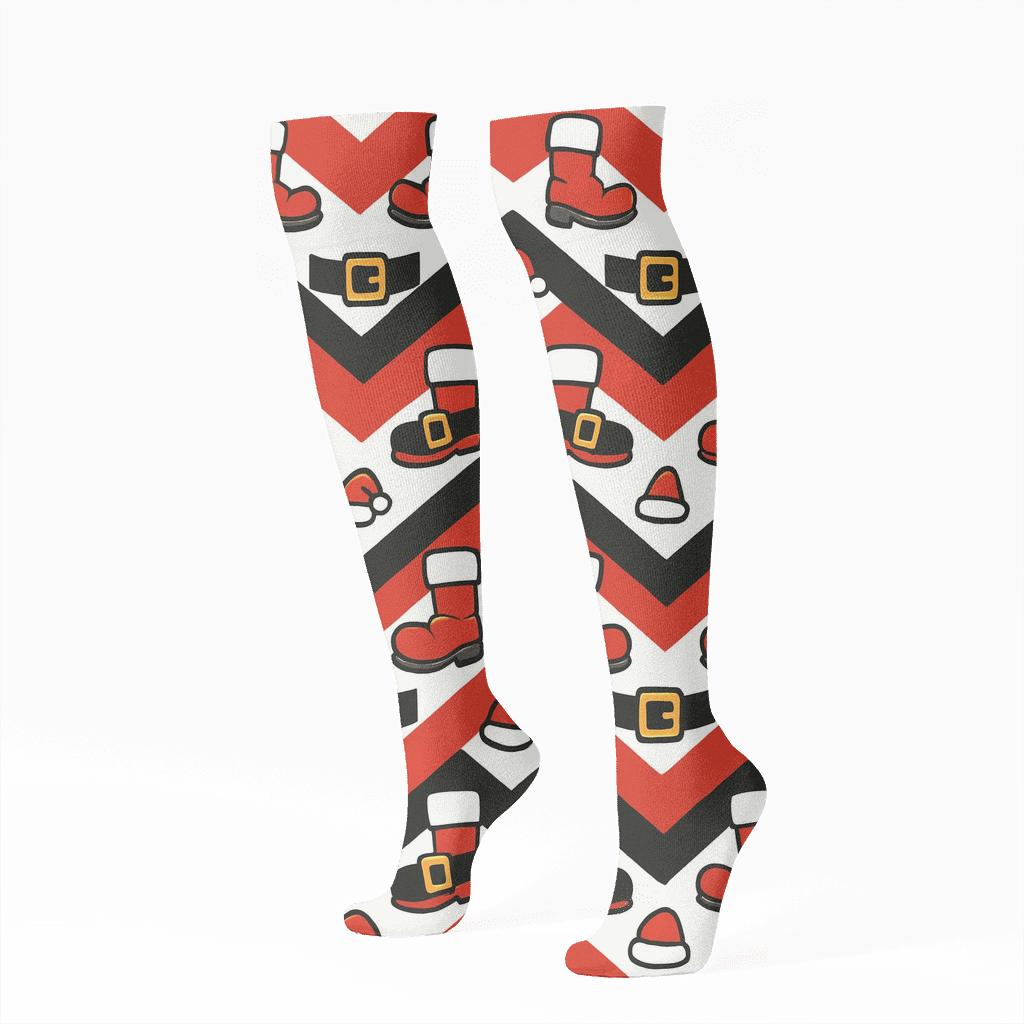 Santa Boots Belt Chevron With Santa designer print knee-high socks