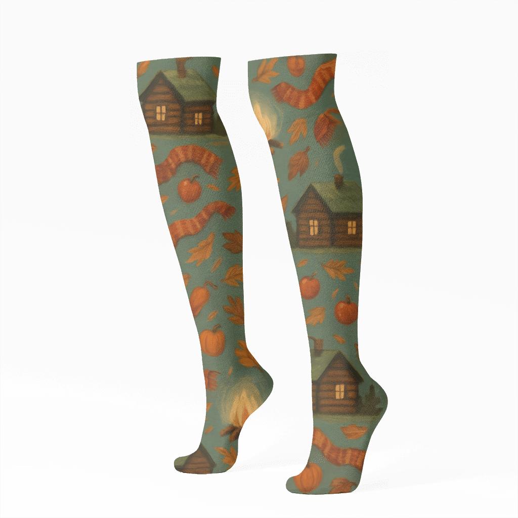 Cozy Cabin Wraparound Scene On Muted Teal Field trendy patterned knee-high socks
