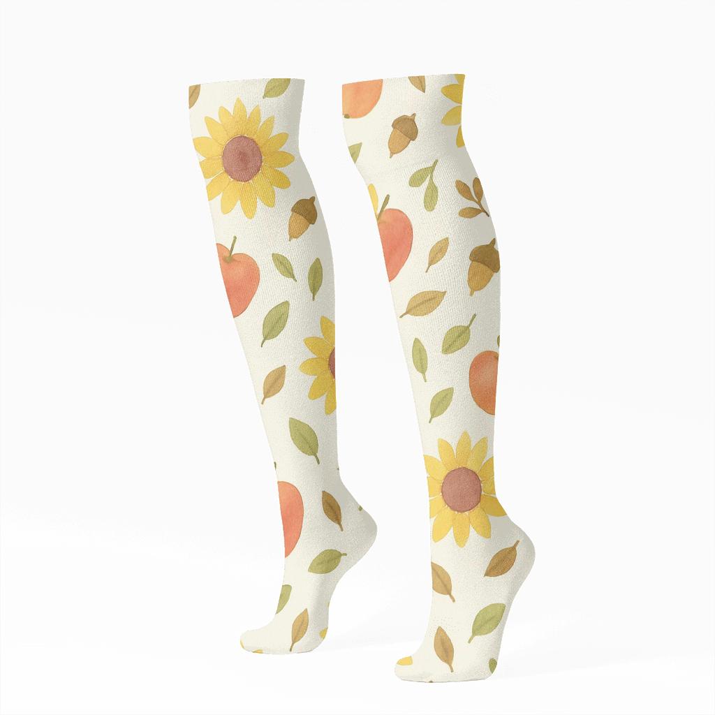 Sunflower And Apple Scatter On Ivory Ground designer print knee-high socks