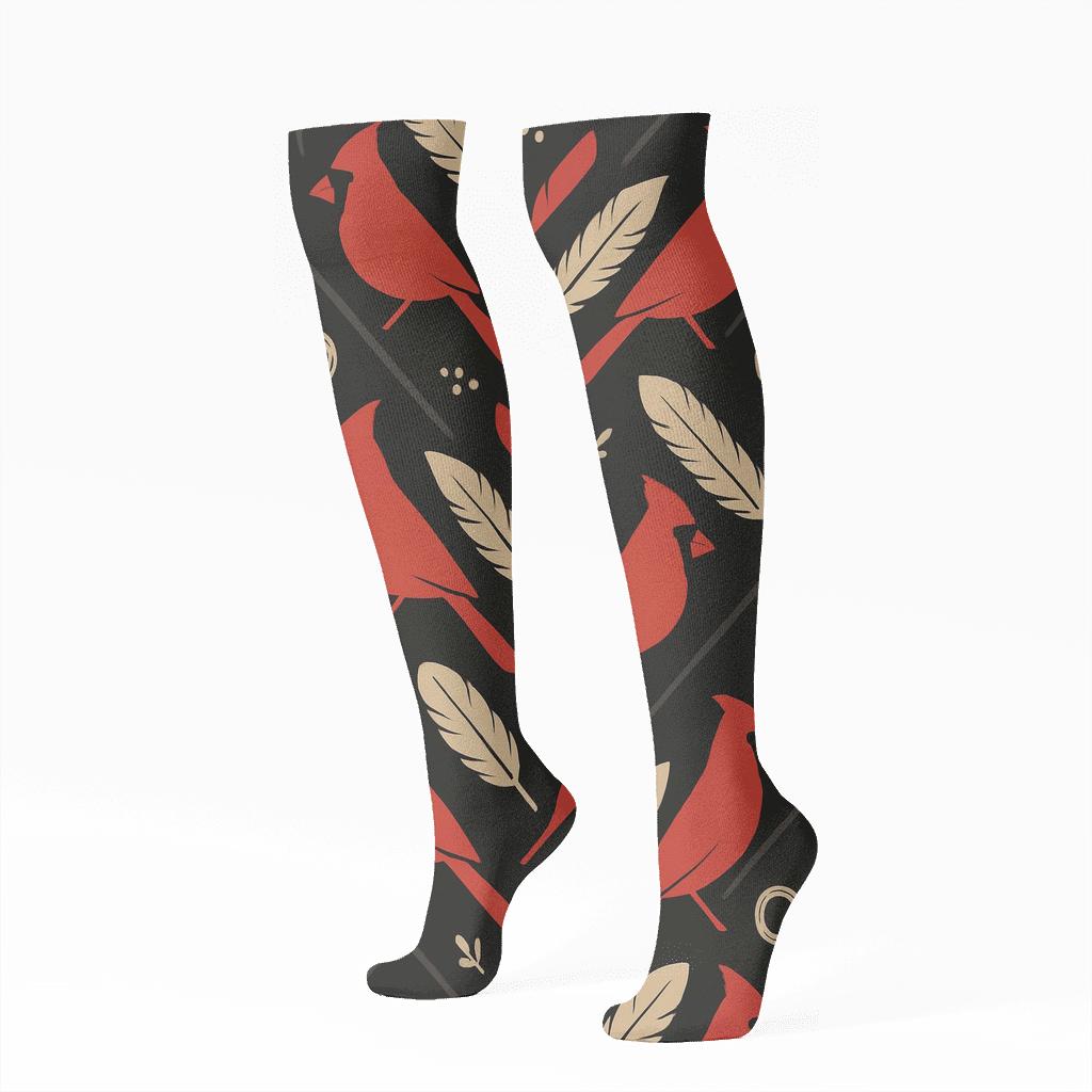 Cardinal Silhouette Feather Lattice On Black Background designer print knee-high socks