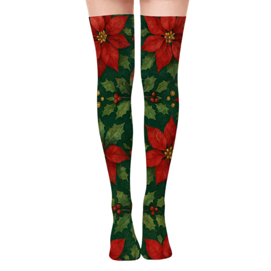 Poinsettia Tessellation On Deep Green personalized over-the-knee socks