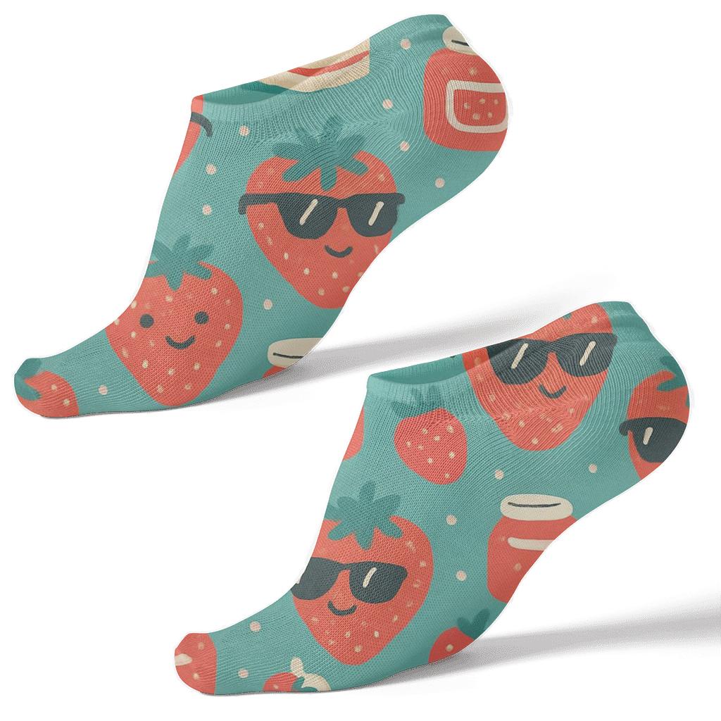 Playful Strawberry Characters On Turquoise stylish athletic ankle socks
