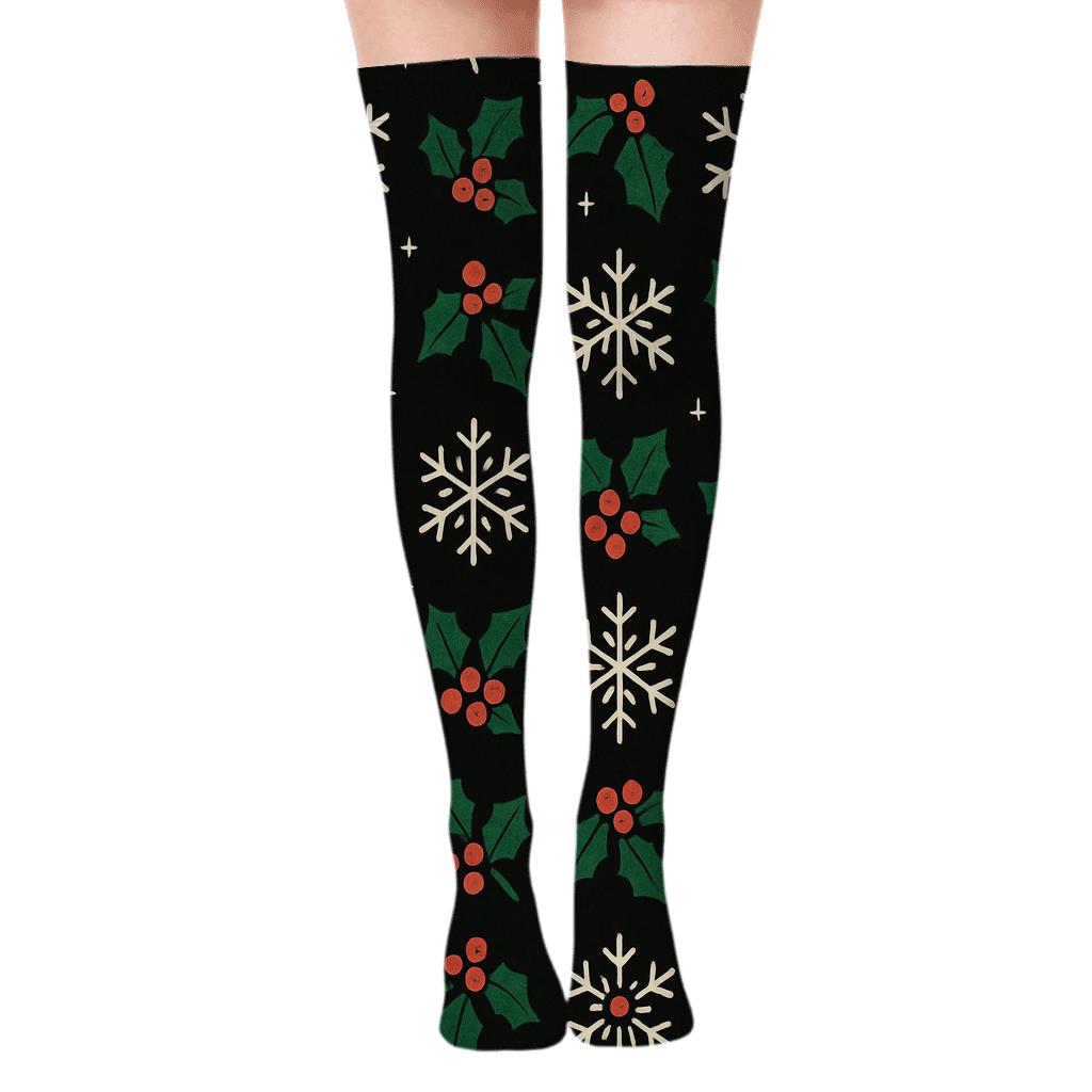 Snowflake Holly Grid On Midnight Black premium cozy over-the-knee socks
