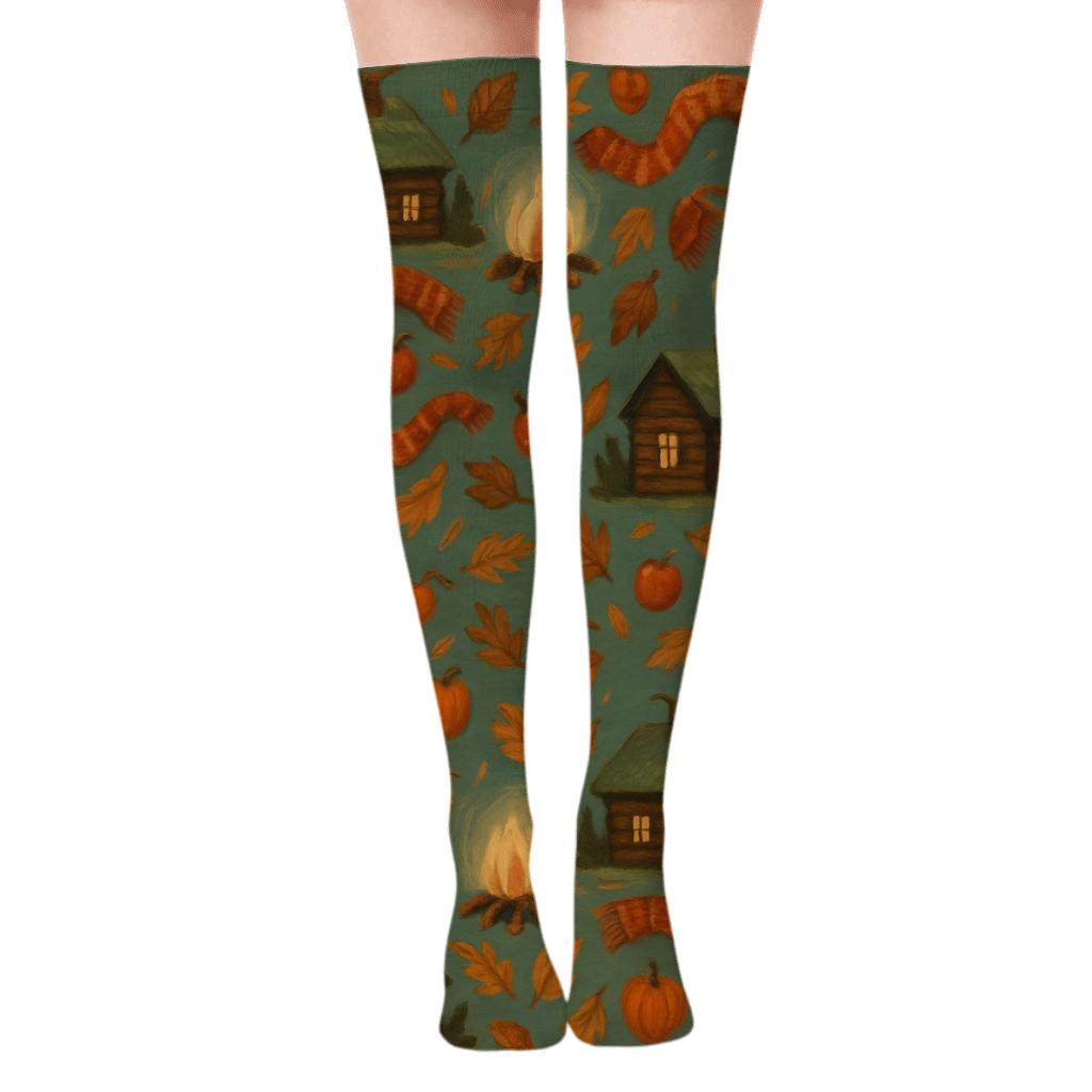 Cozy Cabin Wraparound Scene On Muted Teal Field personalized over-the-knee socks
