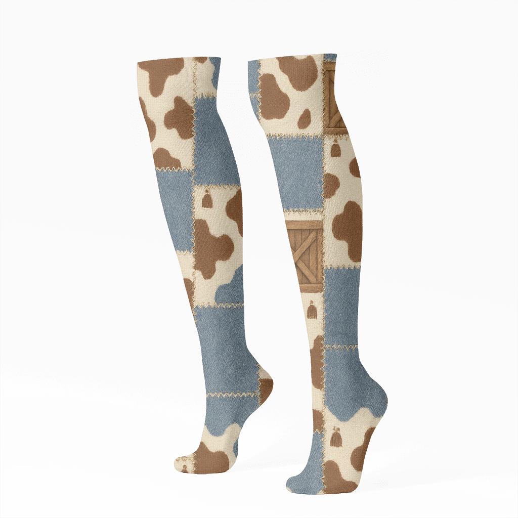 Rustic Barn Patchwork designer print knee-high socks