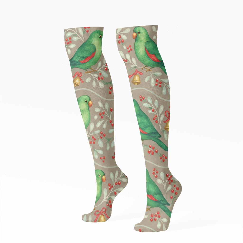 Parrot Mistletoe Wave designer print knee-high socks