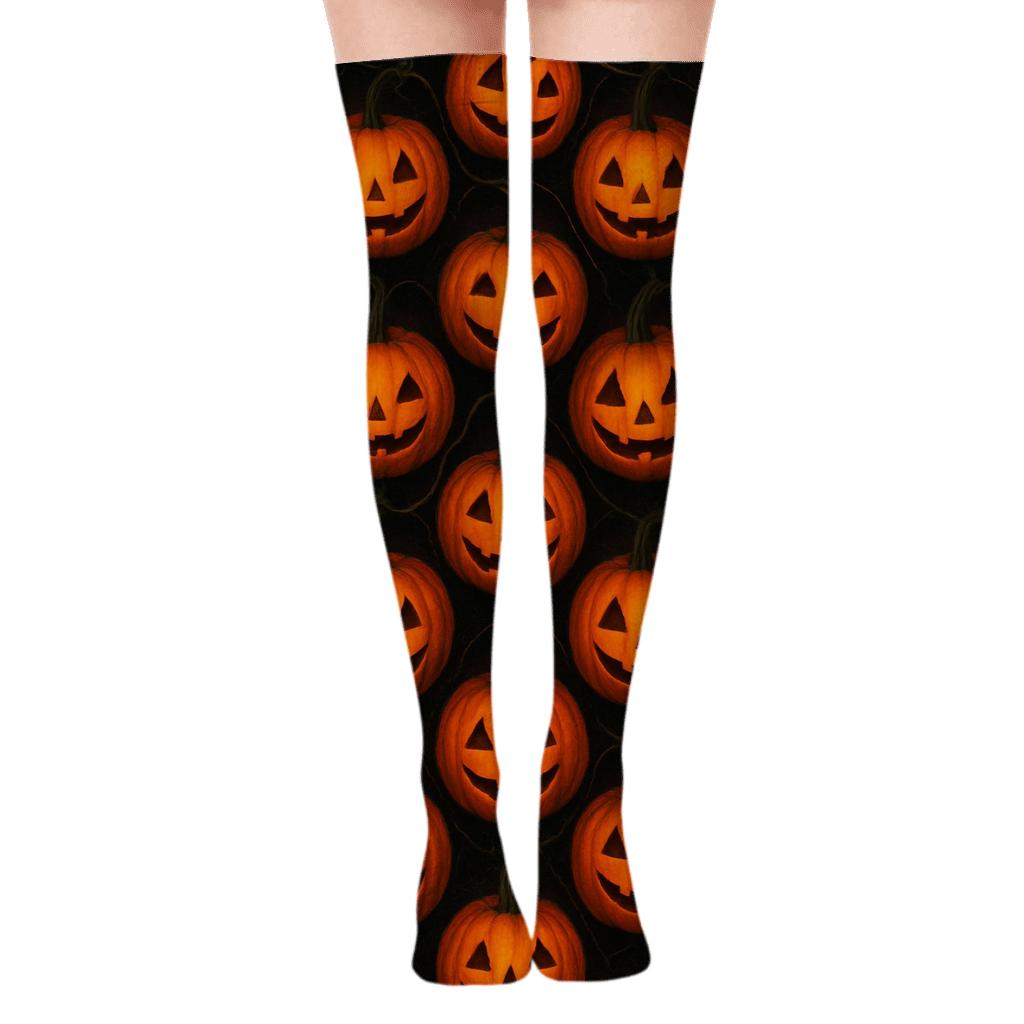 Glowing Pumpkin Tessellation On Black Background stylish fashion over-the-knee socks