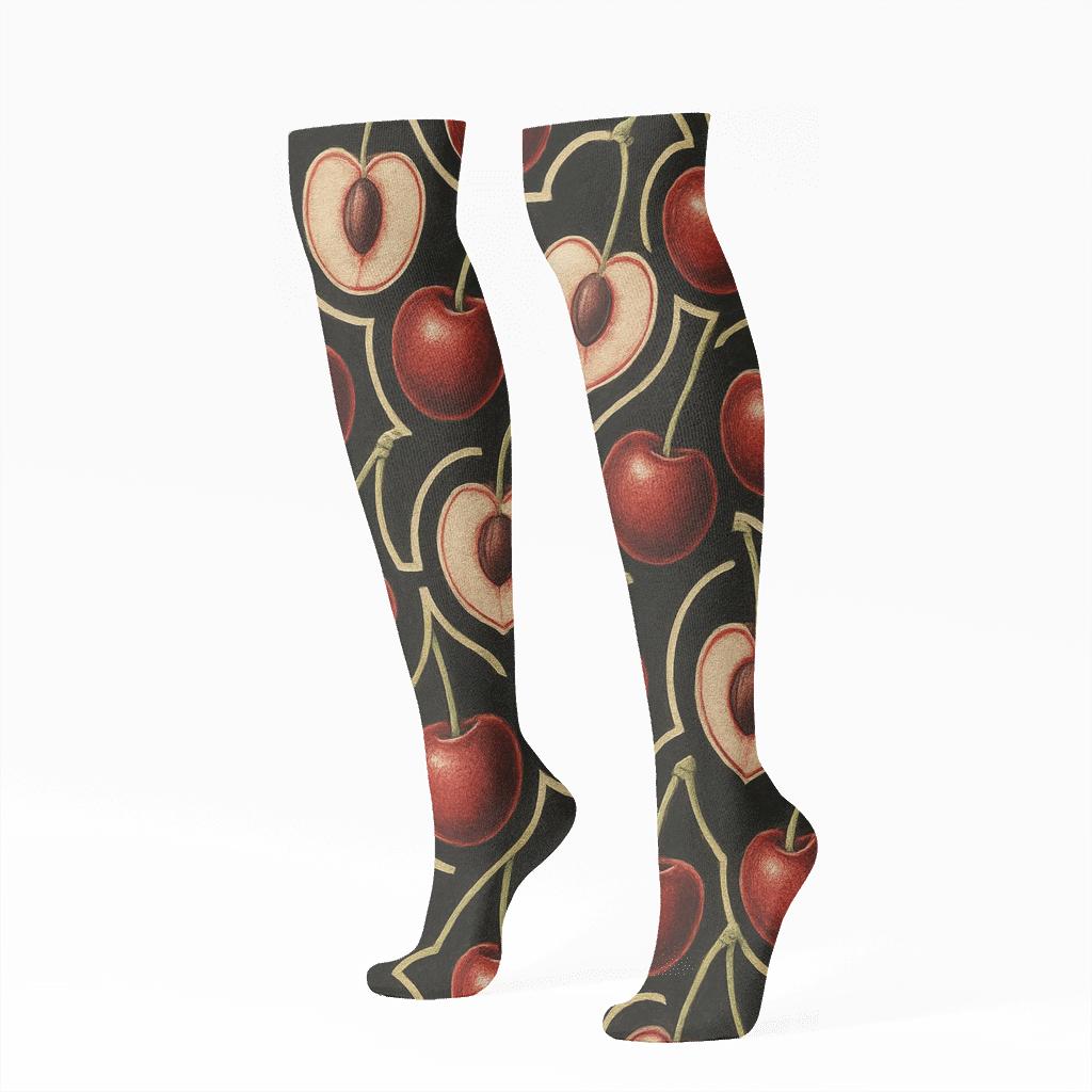 Shaded Cherry Tessellation On Black stylish athletic knee-high socks
